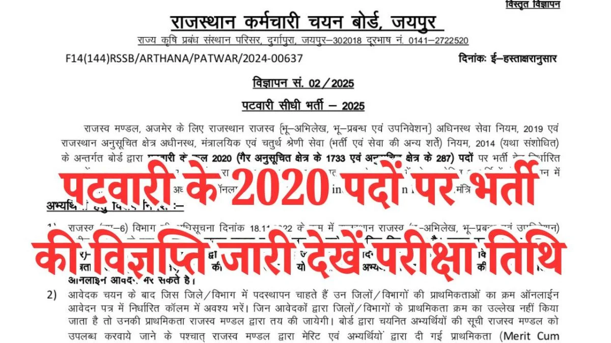 Rajasthan Patwari Recruitment 2025 Notification for 2020 Post, Check Eligibility