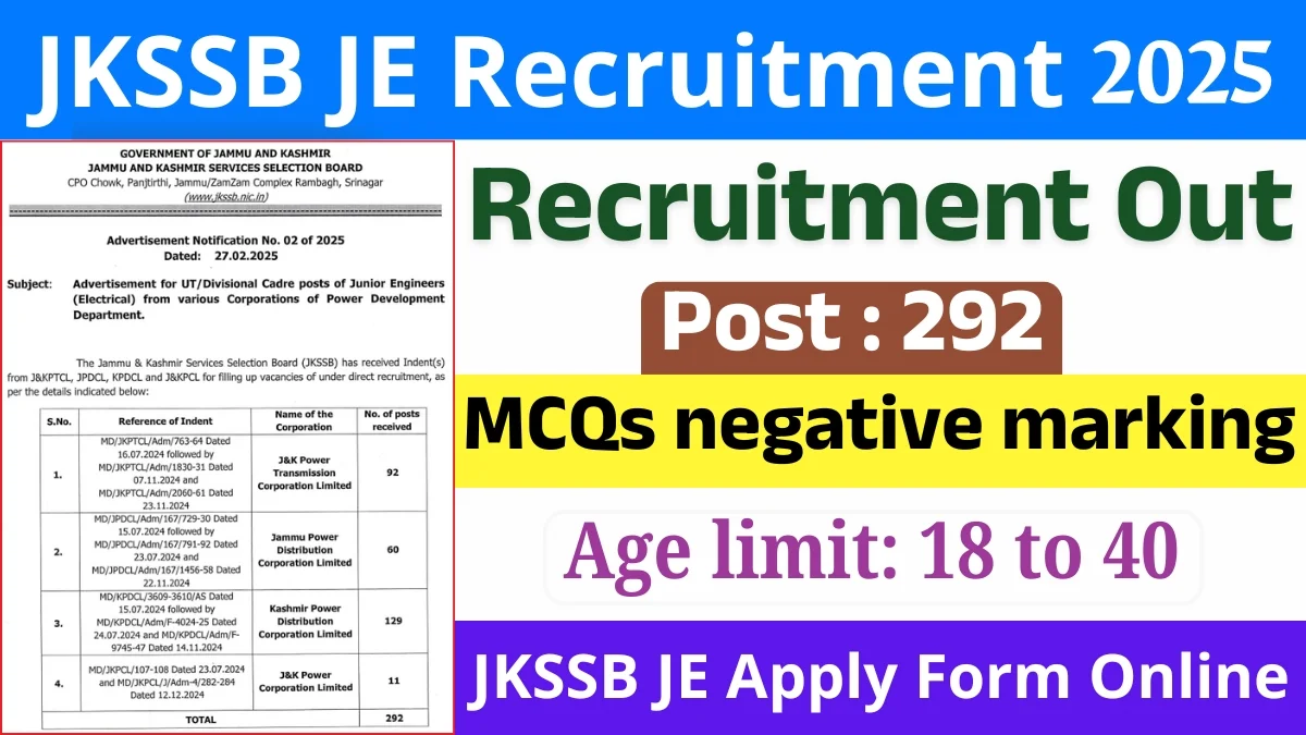JKSSB Junior Engineer Recruitment 2025 Notification, Apply Online for 292 Post
