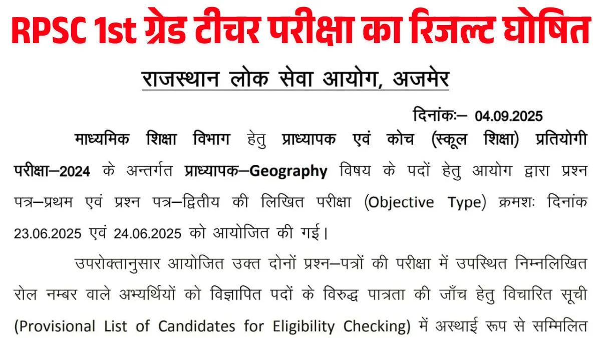 RPSC 1st Grade Teacher Exam Result 2025 Declared, Check Result Subject Wise